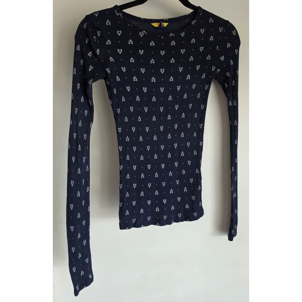 Prince & Fox Women's XS Navy Geometric Fox Long Sleeve Blouse Top Ribbed Knit
